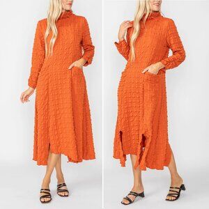 IC Collection Mock Neck Midi Dress Size XS Brick Slits Pockets Lagenlook NEW